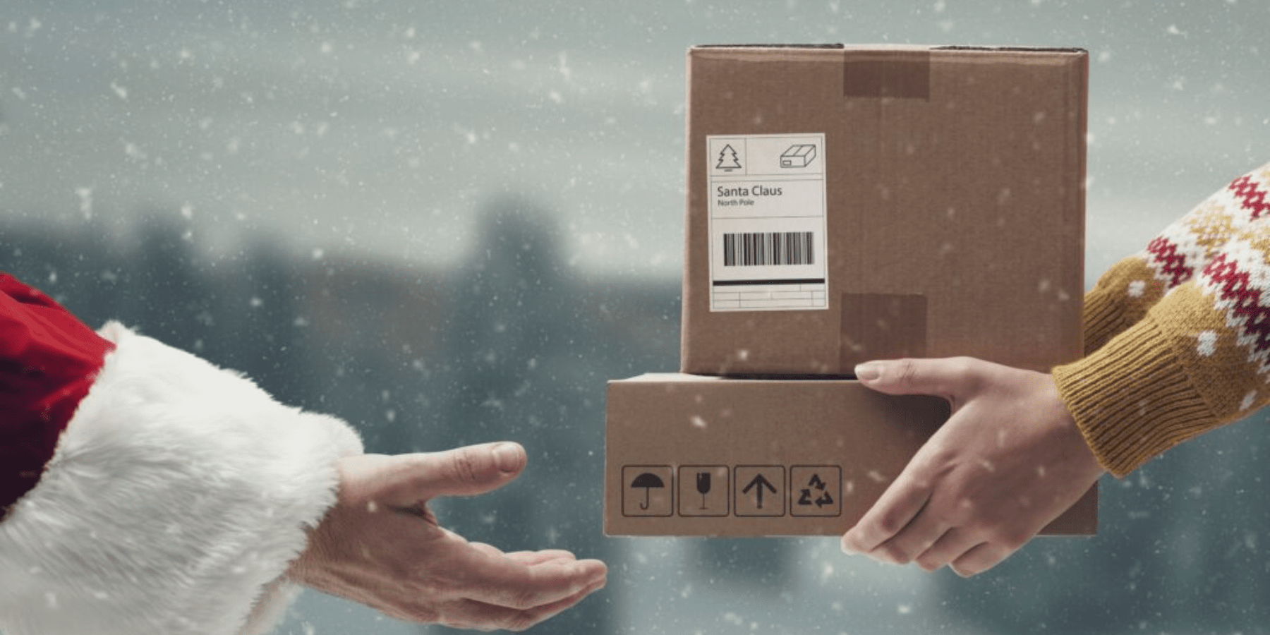 2024 Holiday Shipping Deadlines for USPS, UPS, and FedEx Image showcases delivering packages to santa clause representing the importance of getting holiday deliveries in by the carrier deadlines so they arrive before Christmas